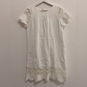 White Cotton Eyelet Lace Dress | Scallop Trim Crochet Pleated Boho Chic